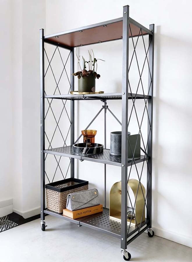 ايست من نون رفوف تخزين قابلة للطي أربع طبقات سميكة مع عجلات، بدون تجميع، سعة كبيرة، وحدة رفوف معدنية قوية على عربة متحركة للمطبخ والقبو والمخزن - أسود، 68x34.8x119 سم - Image 2